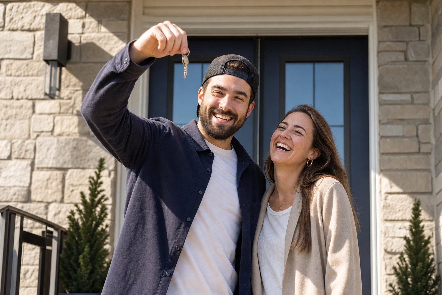 Jeune couple québécois devant leur première maison